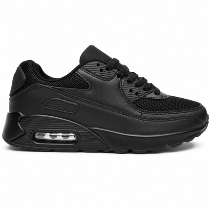 Sorte sneakers med komfortabel stødabsorberende sål set fra siden