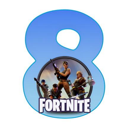 Rundt Fortnite sukkerprint med blåt 8-tal og heltegruppe