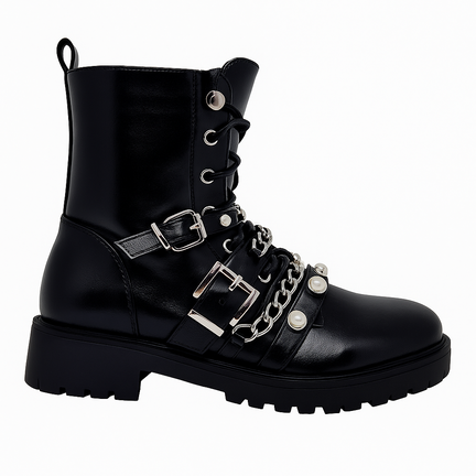 Sort dame combat boot i kunstlæder med spænder, kæde og perle dekorationer