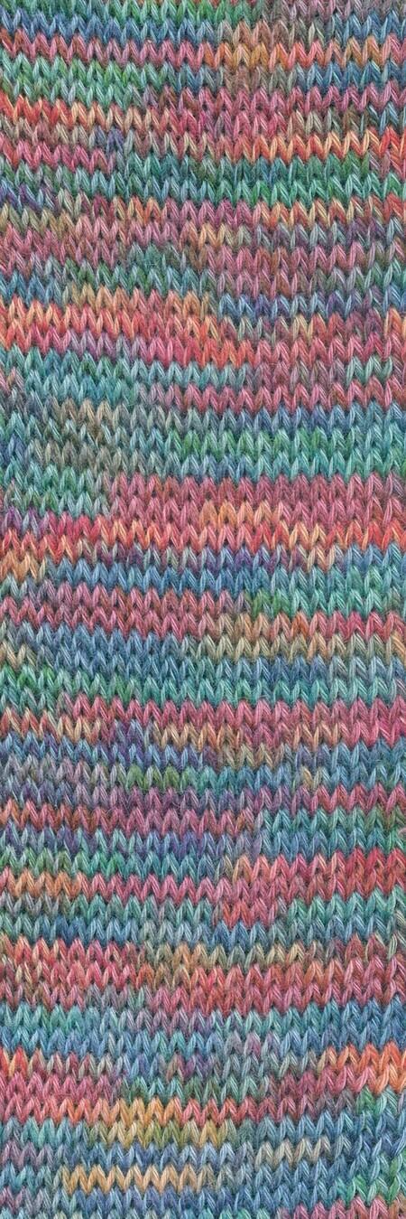 Close up af Lang Yarns Wool Addicts Footprints strømpegarn nr. 17 – multifarvet sokkegarn med levende farvespil i grøn, blå, rosa og naturtoner