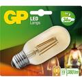 Pakke med GP LED-lamper med et vintage filamentdesign. Det øverste hjørne fremhæver 4W er lig med 34W, 380 lumen, holder 15 år. Baggrunden viser en tændt pære i en pendel i vintage-stil.