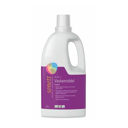 Flaske med Sonett Vaskemiddel Lavendel 2 l – økologisk flydende vaskemiddel med lavendelduft