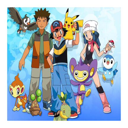 Kvadratisk Pokémon-inspireret kageprint med trænerhold, Pikachu og blå baggrund