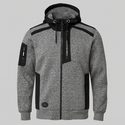 Grå og sort fleecejakke med hætte og lynlåslommer – varm, åndbar og praktisk