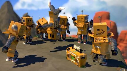 Roblox A4 kagebillede med gruppe af paprobotter og orange boombox i klippelandskab
