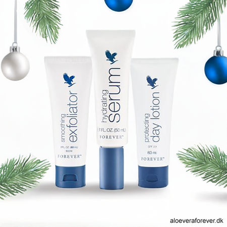 Forever Glow Kit med smoothing exfoliator, hydrating serum og protecting day lotion fra Forever Living