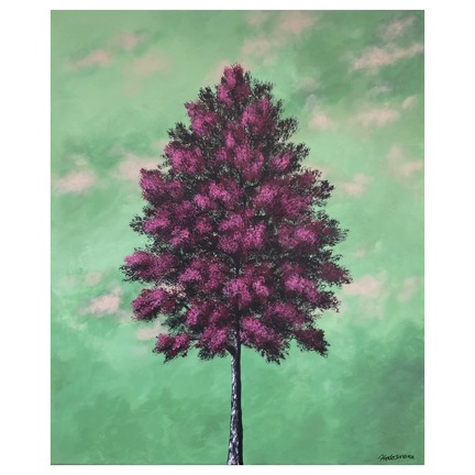 akryl maleri grøn rosa træ 50x60 cm.