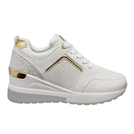 Hvid damesneaker med kilehæl og guldfarvede detaljer