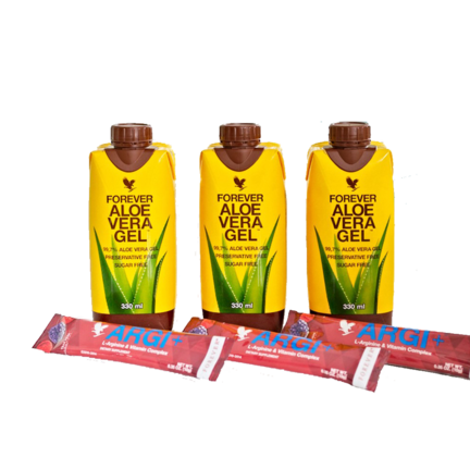 GelARGI+ Tri-Pak med 3 Forever Aloe Vera Gel og 3 ARGI+ sticks