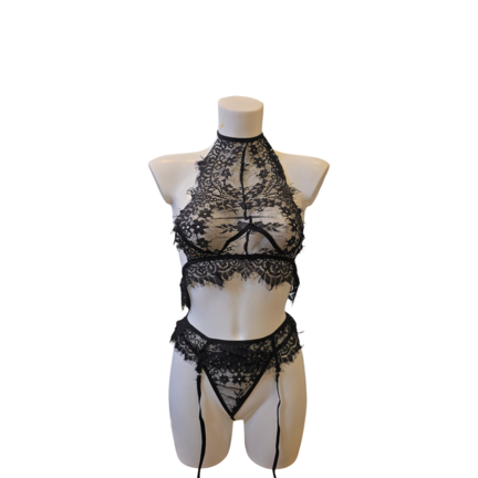 Sort blonde lingerie sæt med høj hals og detaljer foran og bagpå