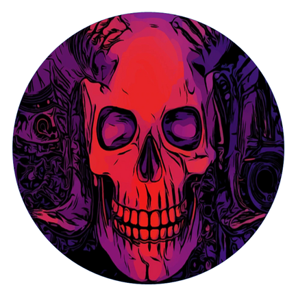 Rundt Halloween sukkerprint med rødt og lilla neonkranie på mørk ornamentbaggrund
