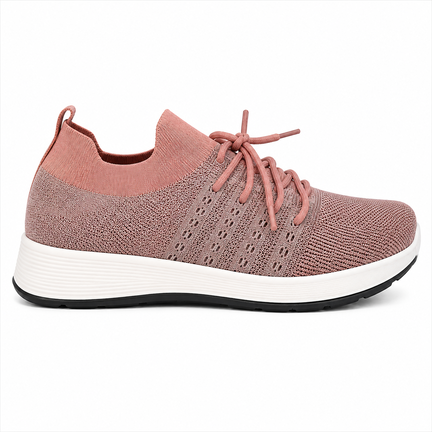 Grå og rosa strikket sneaker med elastisk skaft og hvid sål