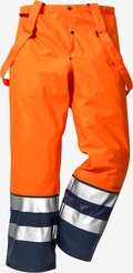 Hi-Vis Orange/Marine Regnbukser kl.2 2625 RS - Frontudsigt. Aftagelige seler for ekstra sikkerhed og synlighed.