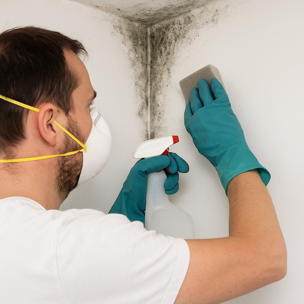 billedet viser skimmelrens på en væg og med brug af handsker og skimmelsvamp maske