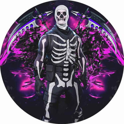 Rundt Fortnite sukkerprint med sort skeletfigur i en lilla storm