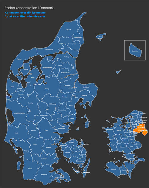 Danmarkskort over radonniveauer i landet kommune for kommune.