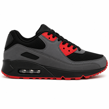 Unisex sneaker i grå, sort og rød med luftpude