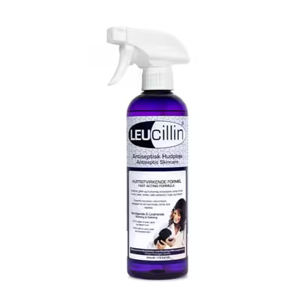 Leucillin Spray 500 ml. – antiseptisk hudpleje til hunde i stor flaske med sprayfunktion.