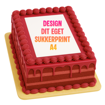Design selv sukkerprint A4 19×27 cm – personligt spiseligt billede i høj kvalitet til lagkager og festkager.