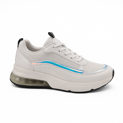Hvid sneaker med luftpude sål og holografisk stribe på siden