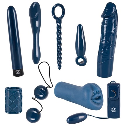 Midnight Blue 9-delt sexlegetøjssæt med vibrator, dildo, masturbator, penis sleeve og anallegetøj