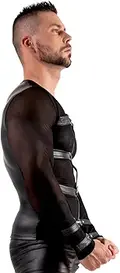Svenjoyment Bondage Harness Shirt – sort mesh fetishtrøje med læderlook-stropper og metalringe