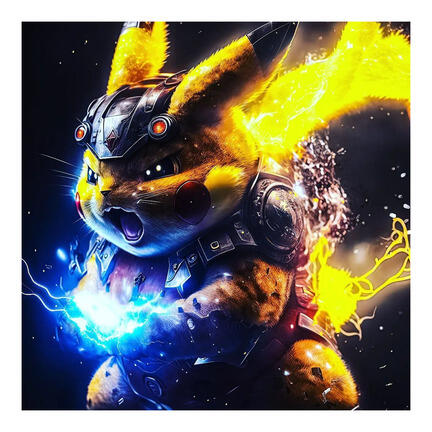 Kvadratisk Pokémon-inspireret kageprint med mørk robot-Pikachu, ild og lyn