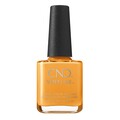 Neglelak, mærket "CND VINYLUX", står oprejst. Flasken er orange med en sort låg i en enkel, hvid baggrund. Tekst: "LONG WEAR POLISH, VERNI A ONGLES LONGUE DURÉE, 0.5 FL. OZ. / 15 mL".