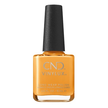 Neglelak, mærket "CND VINYLUX", står oprejst. Flasken er orange med en sort låg i en enkel, hvid baggrund. Tekst: "LONG WEAR POLISH, VERNI A ONGLES LONGUE DURÉE, 0.5 FL. OZ. / 15 mL".