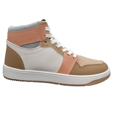 Midt-top damesneaker i hvid, beige og rosa med snørebånd og sporty sål