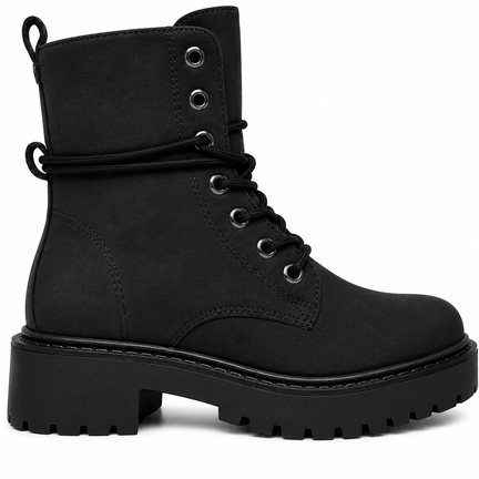 Dame combat boot sort i nubuck-look med grov sål