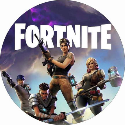 Rundt Fortnite sukkerprint med klassisk heltehold og stort logo