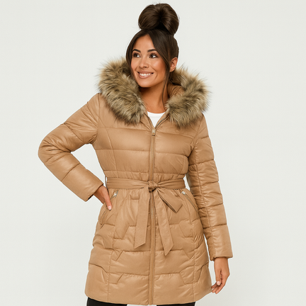 Beige damevinterjakke med bælte og pelskant – elegant, varm og figursyet vinterfrakke.