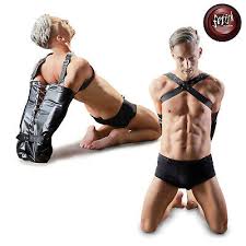 Fetish Collection Bondage Pouch i sort kunstlæder med justerbare stropper.