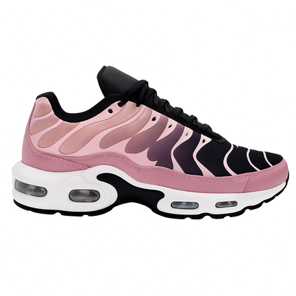 Damesneaker med pink-sort gradient, bølgedetaljer og hvid sål med synlige luftpuder