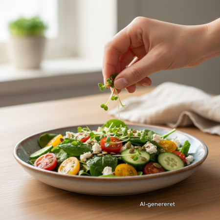 Rucola-mikrogrønt drysses over en farverig salat