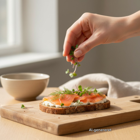 Rødkåls-mikrogrønt drysses over smørrebrød med laks