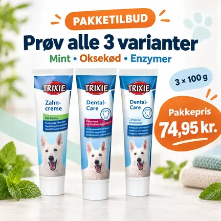 Pakketilbud med 3 Trixie-tandpastaer til hund – mint, oksekød og enzymer, 3 × 100 g til 74,95 kr.