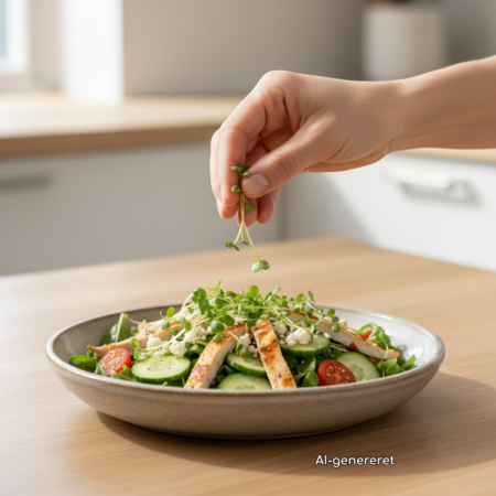 Kløver-mikrogrønt drysses over en frisk salat