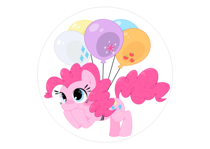 Enhjørning sukkerprint A3 med pink ballonpony med glad pink enhjørning sammen med festlige balloner og små pyntedetaljer