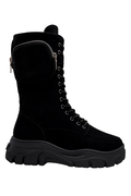Sort combat-støvle med platform, snørebånd og lille lomme – damesko i ruskind