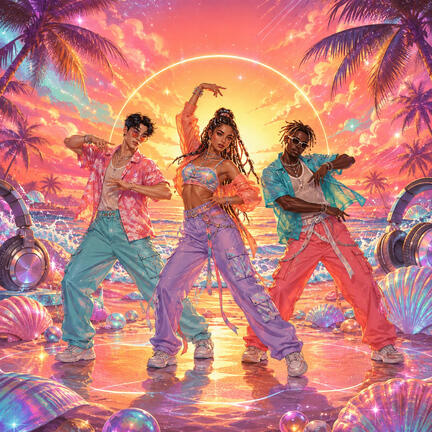 Kvadratisk K-pop sukkerprint med tre dansere, palmer og farverig solnedgang