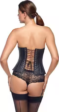 Black Level Leather Corset – sort lammeskindskorset med snøring bagpå, lynlås foran og aftagelige strømpeholdere, kromfrit garvet, luksus fetish design.