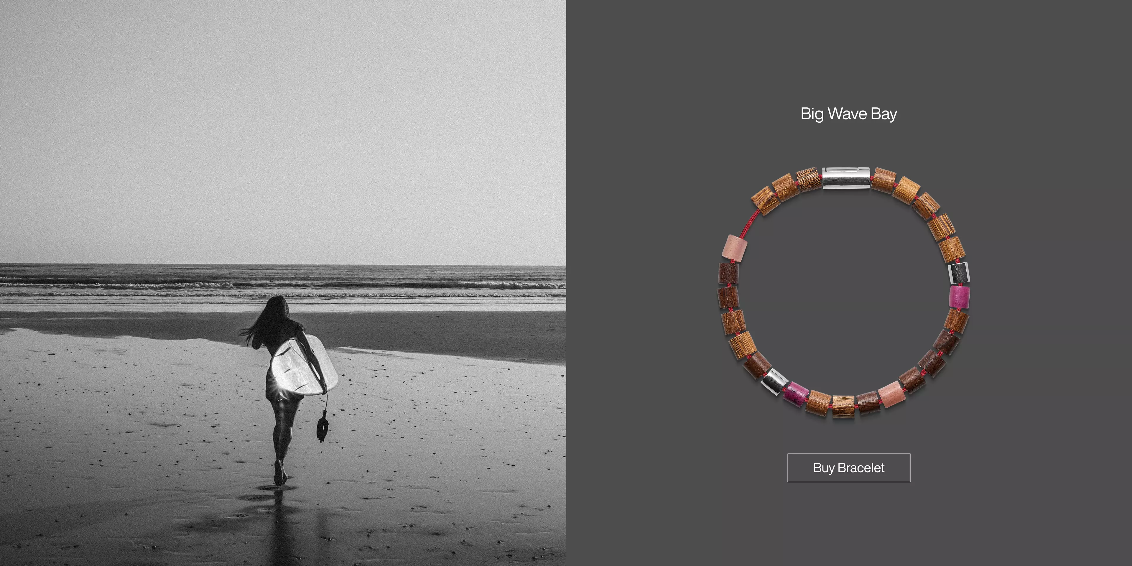 Kvindelig surfer med surfboard og Big Wave Bay armbånd