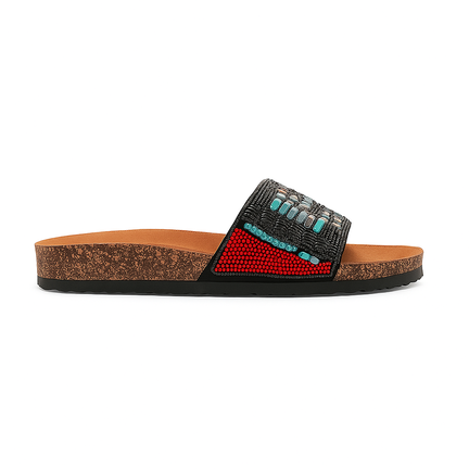 Sandal med sort, rød og turkis perleudsmykning og ergonomisk korksål til dame