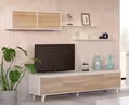 En moderne stue med et lyst træ og hvidt tv-bord med et fladskærms-tv. Ovenover er der hylder med indretningsartikler og planter. En høj potteplante er til venstre, og væggen er en lys beige farve.