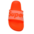 Neon orange badesandal med hvid rem og orange “Super” tekst