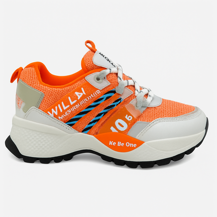 Chunky sneaker i orange og hvid med sort/blå detaljer og kraftig sål