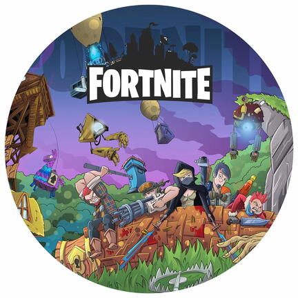 Rundt Fortnite sukkerprint med farverig tegneseriekamp og logo
