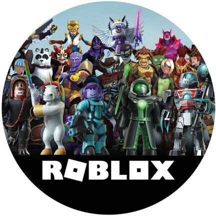 Rundt Roblox sukkerprint med mange farverige spilfigurer og Roblox-logo
